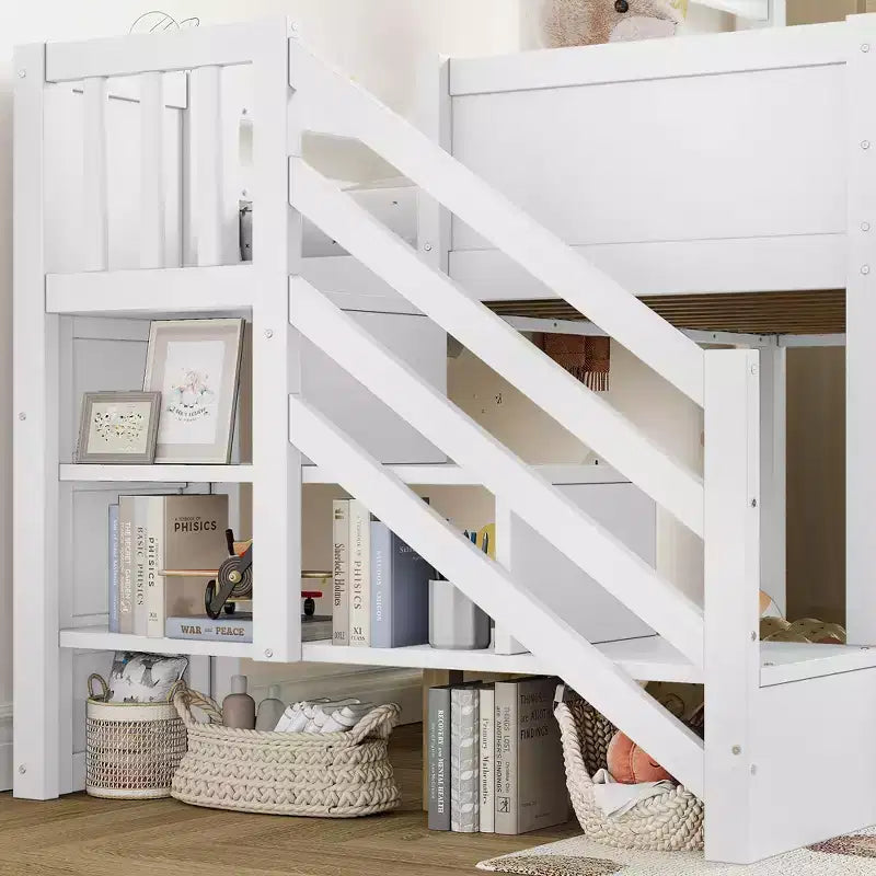 Lit mezzanine simple avec 3 tiroirs et escalier de rangement, structure cabane en bois avec toboggan et bureau amovible