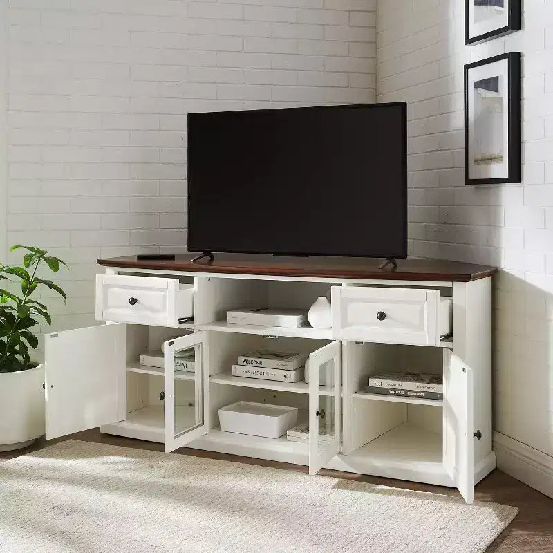 Meuble TV d'angle blanc pour téléviseurs jusqu'à 65 pouces, portes en verre biseauté, montage par une personne