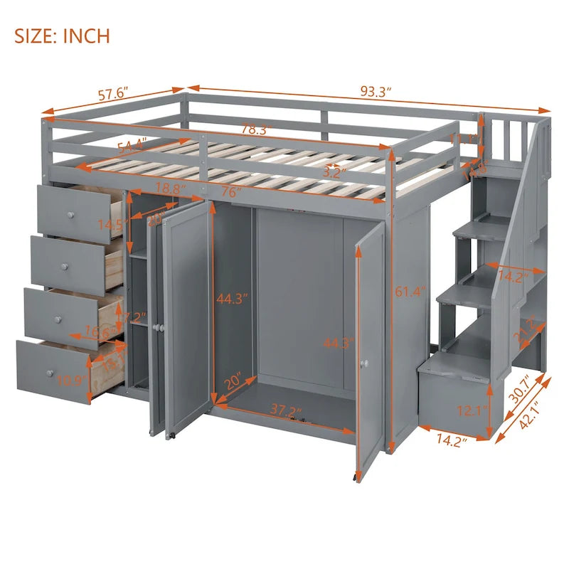Lit mezzanine en bois gris, taille standard, avec penderies, tiroirs et escalier de rangement