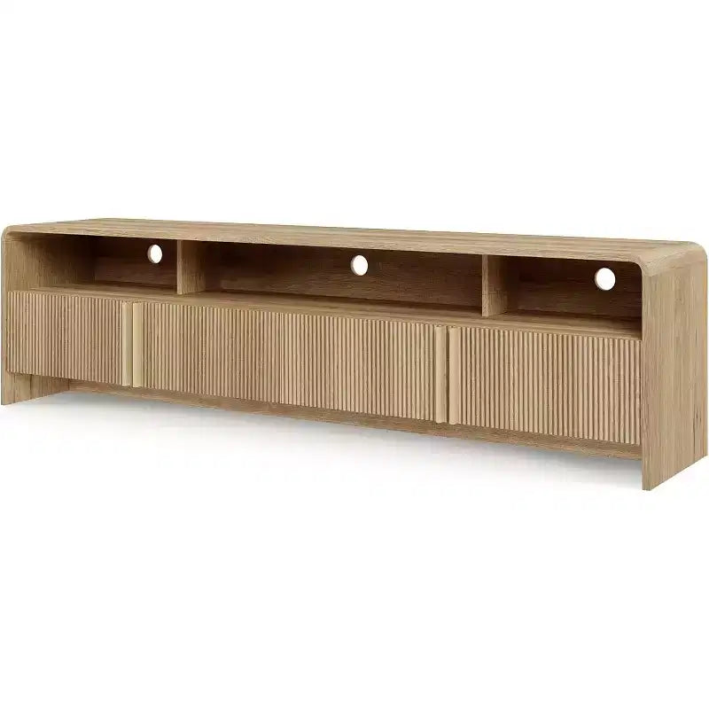 Meuble TV moderne AMERLIFE 70 avec design cannelé et armoires de rangement, pour téléviseurs jusqu'à 80 pouces, meuble TV en bois pour salon