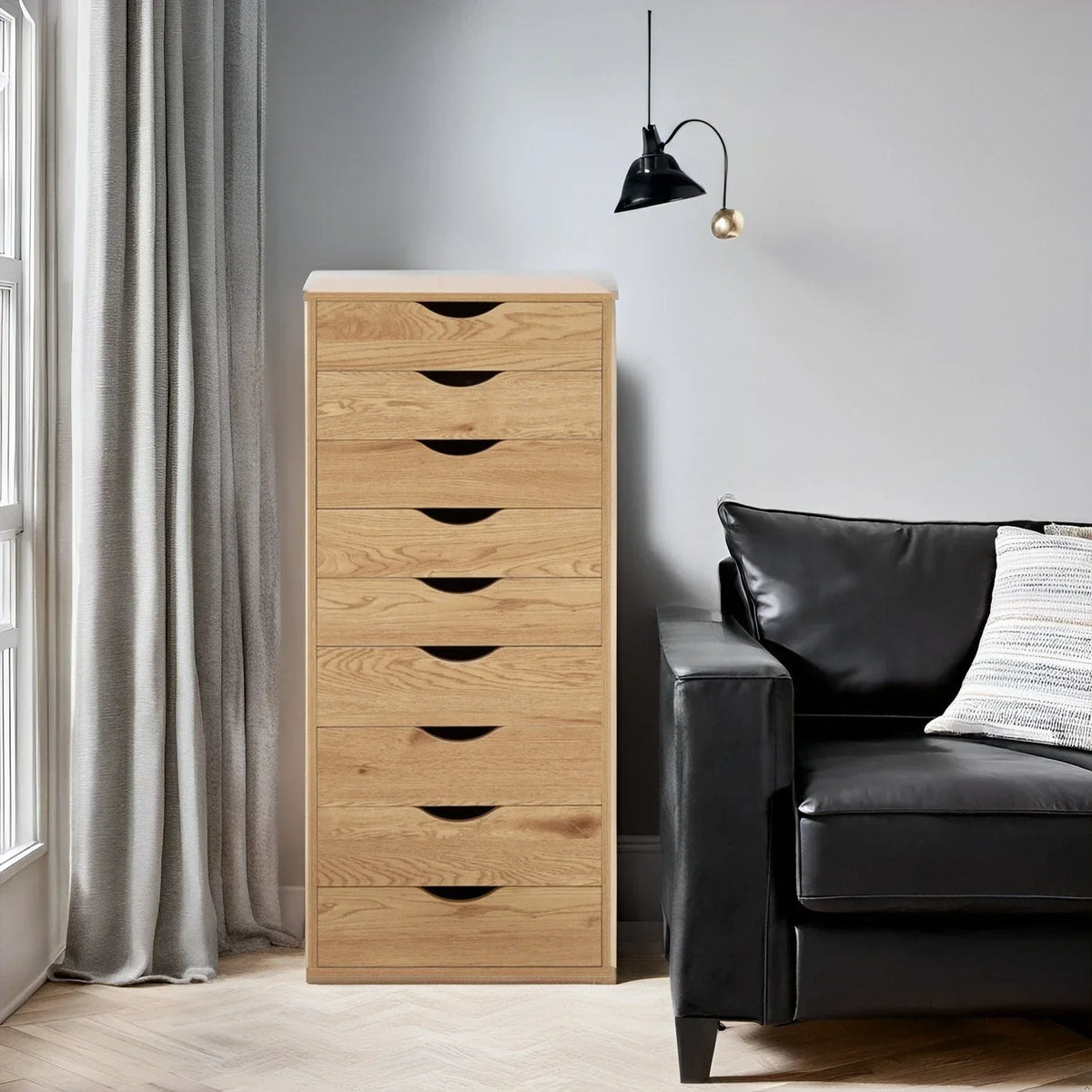 Meuble étroit en bois à 9 tiroirs avec coulisses fluides et étagère de rangement supérieure