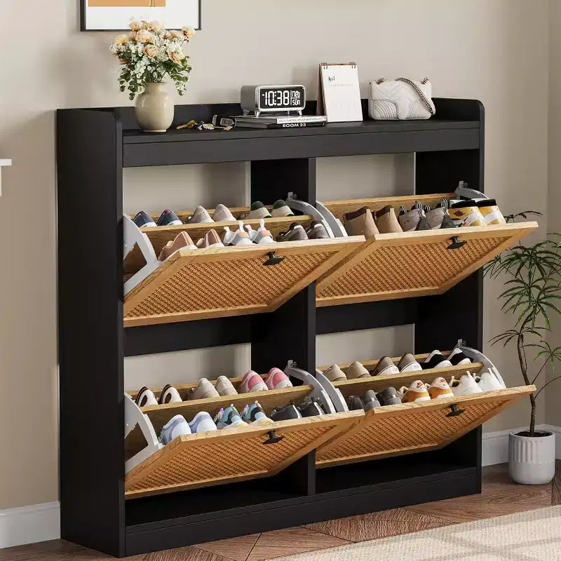Meuble à chaussures en rotin avec 4 tiroirs basculants, organisateur de chaussures autoportant en bois avec étagères réglables, rangement à chaussures pour entrée, placard, couloir