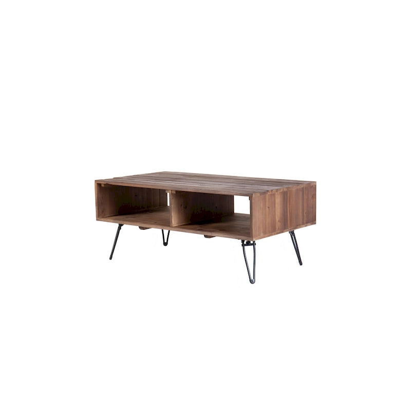Table basse en bois recyclé avec rangement ouvert pour salon, pieds en métal, pliable, finition bois noir/naturel