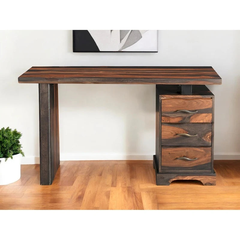 Bureau de travail en bois massif à bord brut brun de 54 pouces