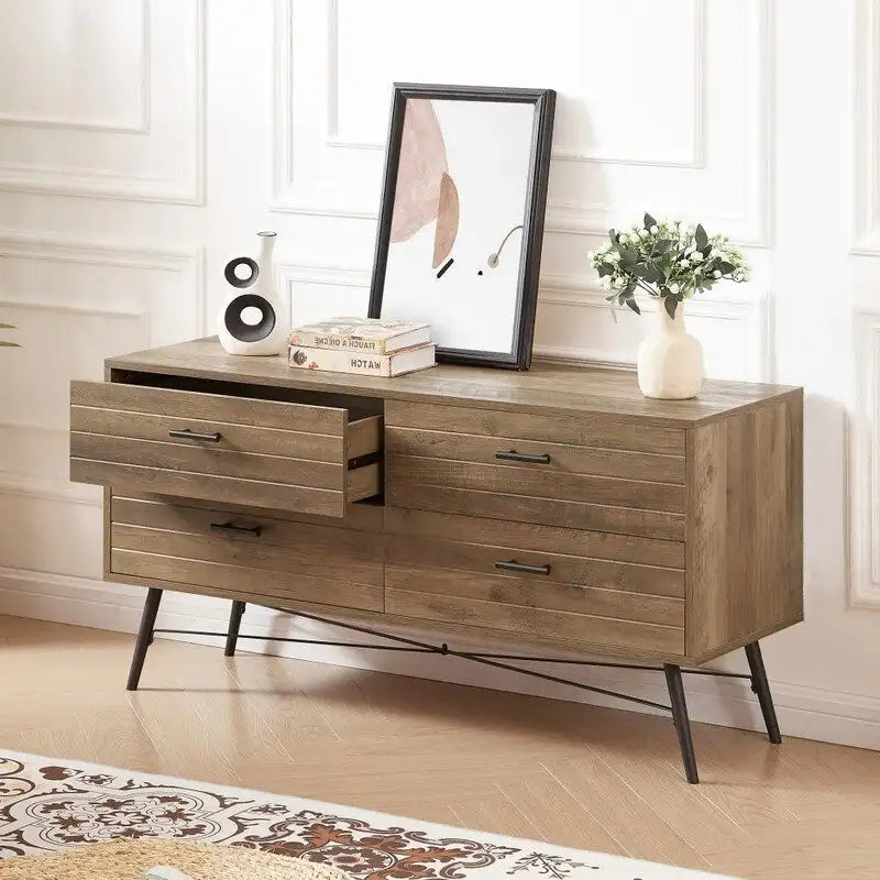 Meuble TV de rangement moderne en bois, meuble TV avec pieds en bois, quatre tiroirs larges et poignées en métal, commode de salon