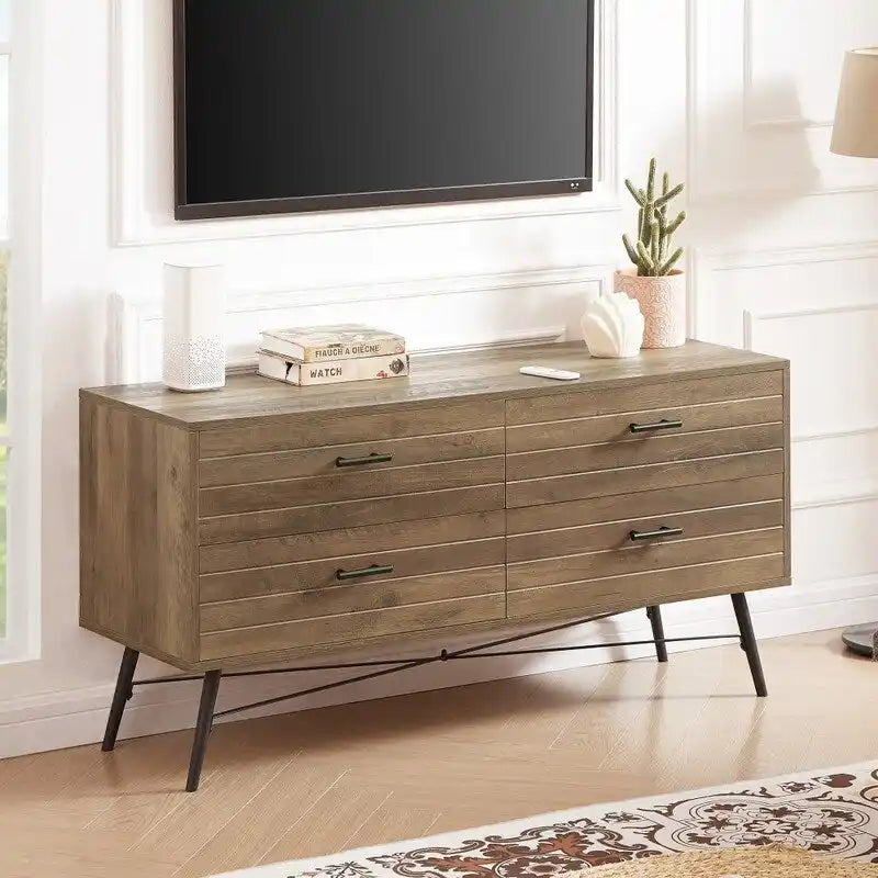 Meuble TV de rangement moderne en bois, meuble TV avec pieds en bois, quatre tiroirs larges et poignées en métal, commode de salon