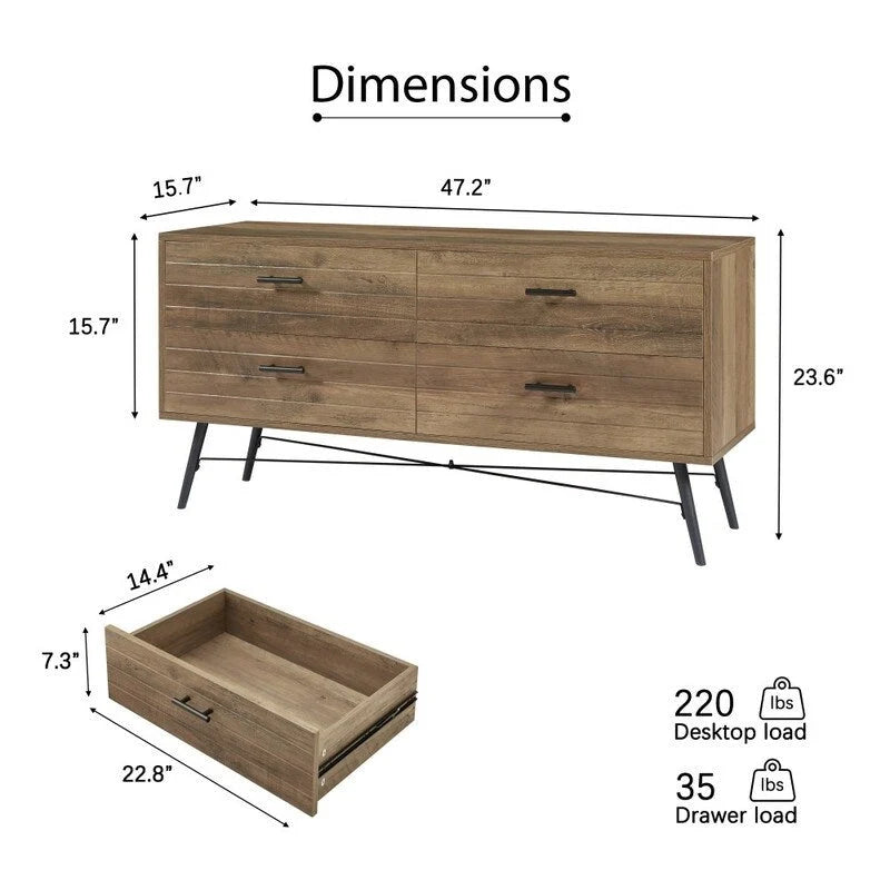 Meuble TV de rangement moderne en bois, meuble TV avec pieds en bois, quatre tiroirs larges et poignées en métal, commode de salon