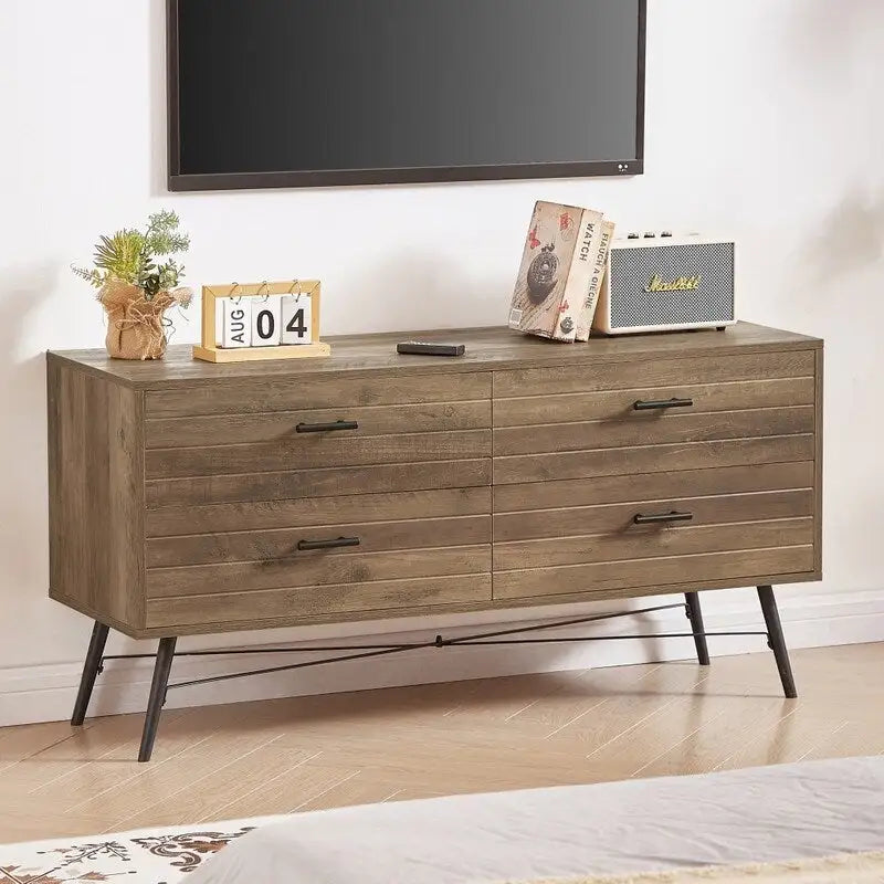 Meuble TV de rangement moderne en bois, meuble TV avec pieds en bois, quatre tiroirs larges et poignées en métal, commode de salon