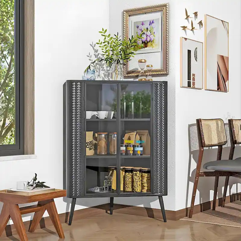 Meuble de rangement d'angle à 3 niveaux avec portes en verre trempé