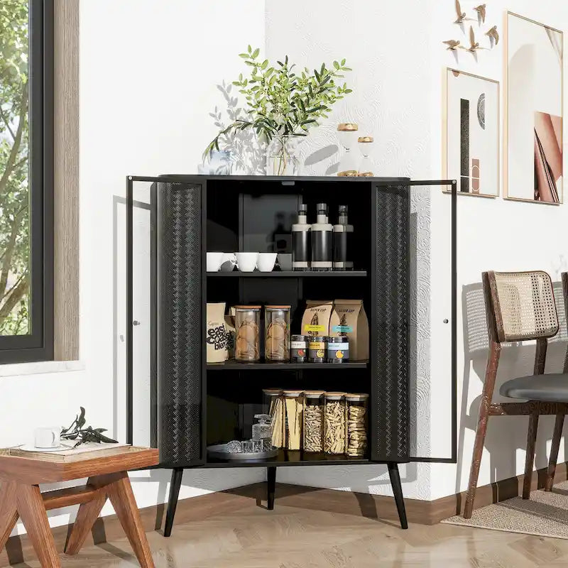 Meuble de rangement d'angle à 3 niveaux avec portes en verre trempé