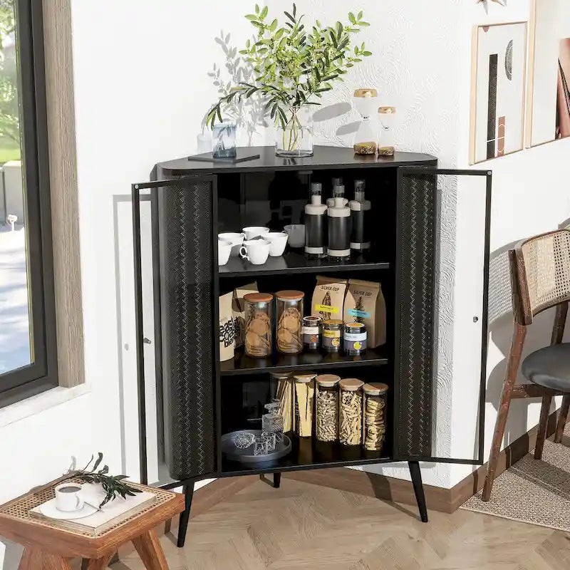 Meuble de rangement d'angle à 3 niveaux avec portes en verre trempé