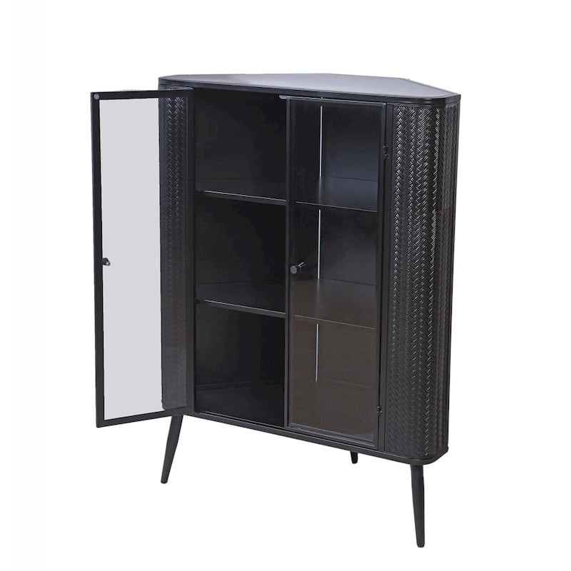 Meuble de rangement d'angle à 3 niveaux avec portes en verre trempé