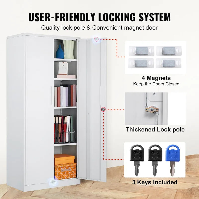 Armoire de rangement métallique verrouillable de 75 pouces avec 4 étagères réglables et 2 portes magnétiques