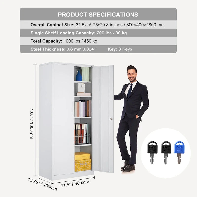 Armoire de rangement métallique verrouillable de 75 pouces avec 4 étagères réglables et 2 portes magnétiques
