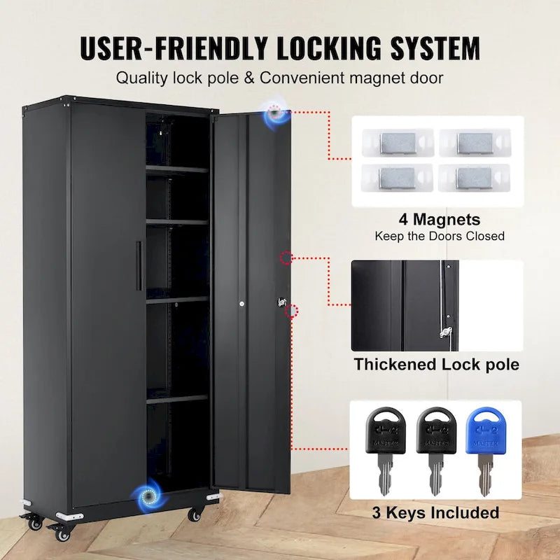 Armoire de rangement métallique verrouillable de 75 pouces avec 4 étagères réglables et 2 portes magnétiques