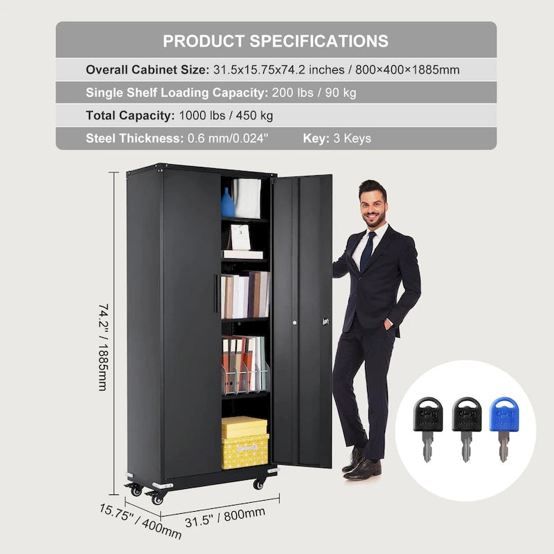 Armoire de rangement métallique verrouillable de 75 pouces avec 4 étagères réglables et 2 portes magnétiques