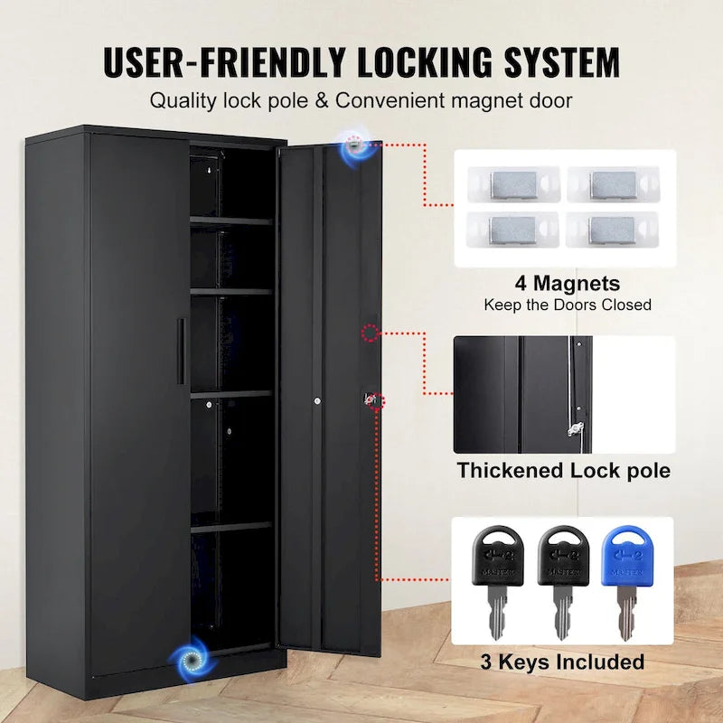 Armoire de rangement métallique verrouillable de 75 pouces avec 4 étagères réglables et 2 portes magnétiques