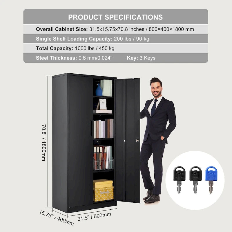 Armoire de rangement métallique verrouillable de 75 pouces avec 4 étagères réglables et 2 portes magnétiques