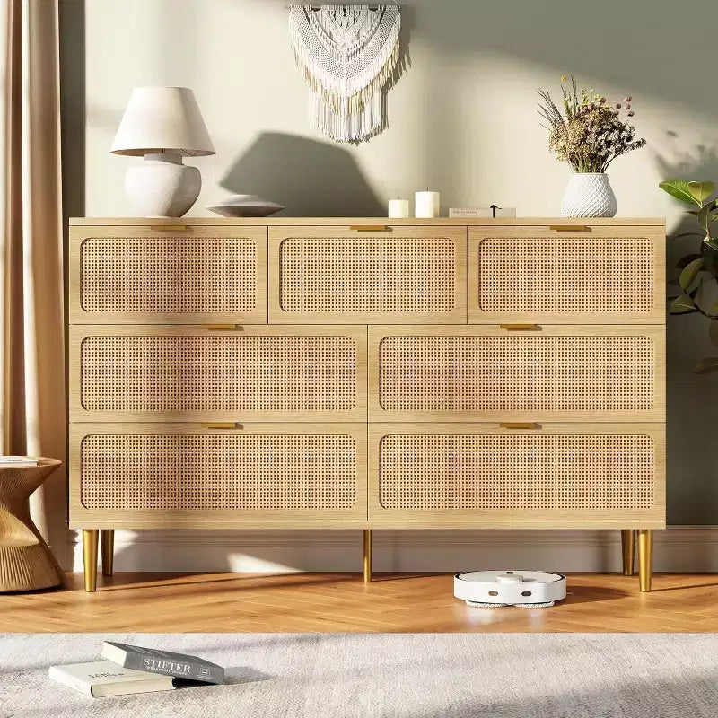 Commode 7 tiroirs en rotin pour chambre à coucher, commode haute avec tiroirs profonds, grande commode pour placard avec plateau large, commode en bois pour salon