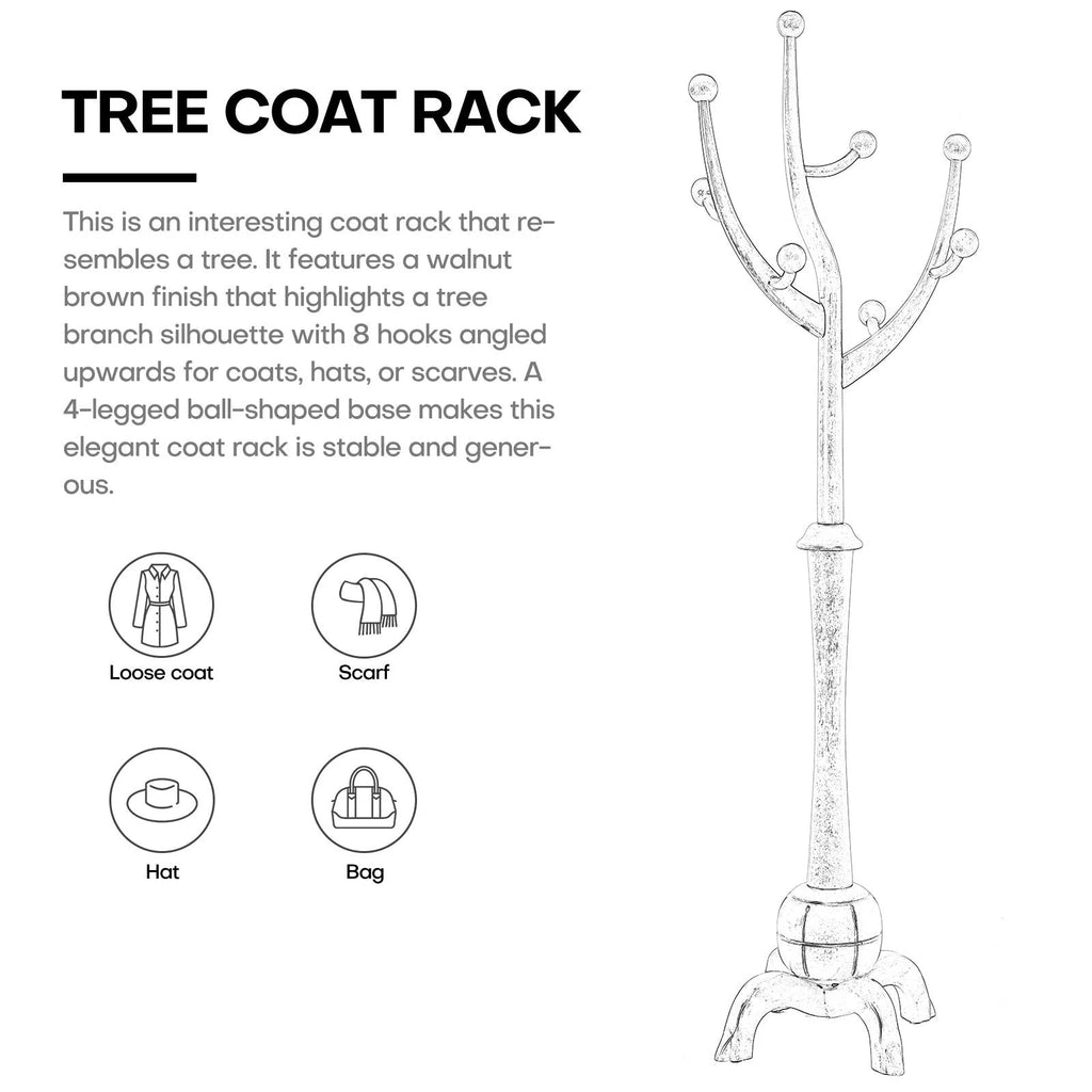 Porte-manteau sur pied en bois d'hévéa forme branche d'arbre avec 8 crochets - 24,5 L x 70,87 H
