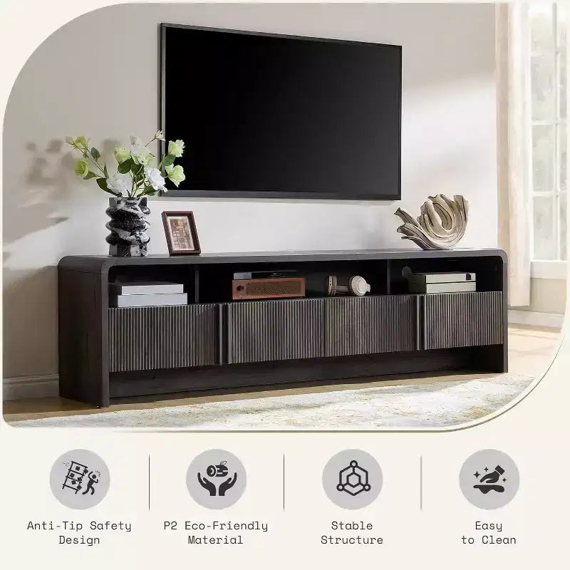 Meuble TV moderne AMERLIFE 70 avec design cannelé et armoires de rangement, pour téléviseurs jusqu'à 80 pouces, meuble TV en bois pour salon