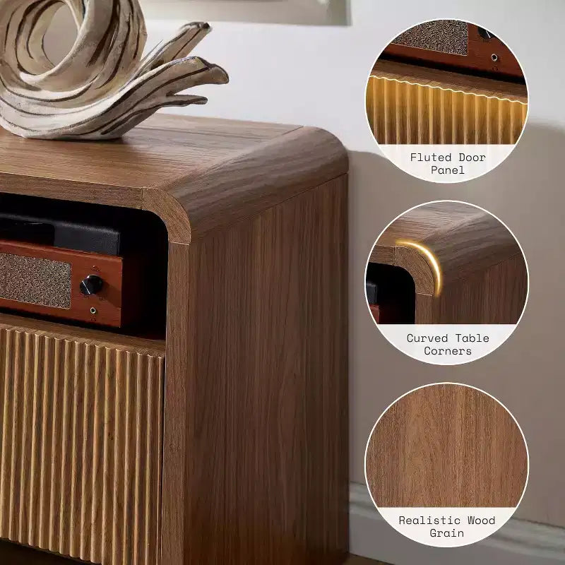 Meuble TV moderne AMERLIFE 70 avec design cannelé et armoires de rangement, pour téléviseurs jusqu'à 80 pouces, meuble TV en bois pour salon