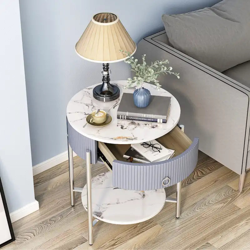 Myhozm Table d'appoint moderne avec tiroir de rangement, table de chevet ronde avec pieds en métal pour salon, chambre, bureau