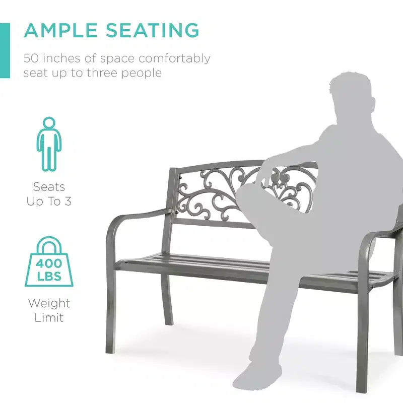 Banc d'extérieur en acier Best Choice Products, mobilier de jardin pour terrasse ou porche avec dossier à motif floral