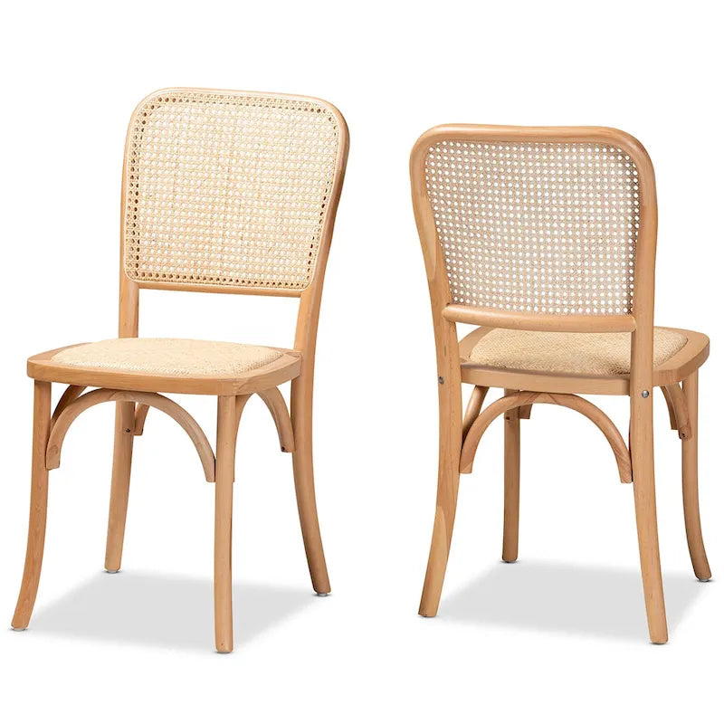 Ensemble de 2 chaises de salle à manger Neah en rotin tressé et bois, style Mid-Century Modern