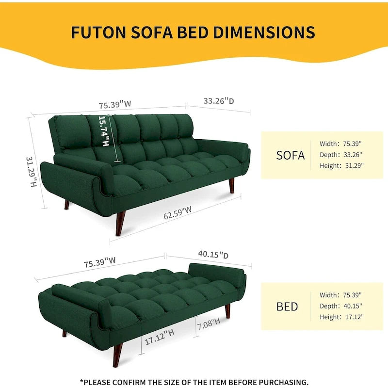 Canapé-lit futon de 75,39 pouces, canapé-lit pliant convertible inclinable pour salon avec 2 oreillers/accoudoirs