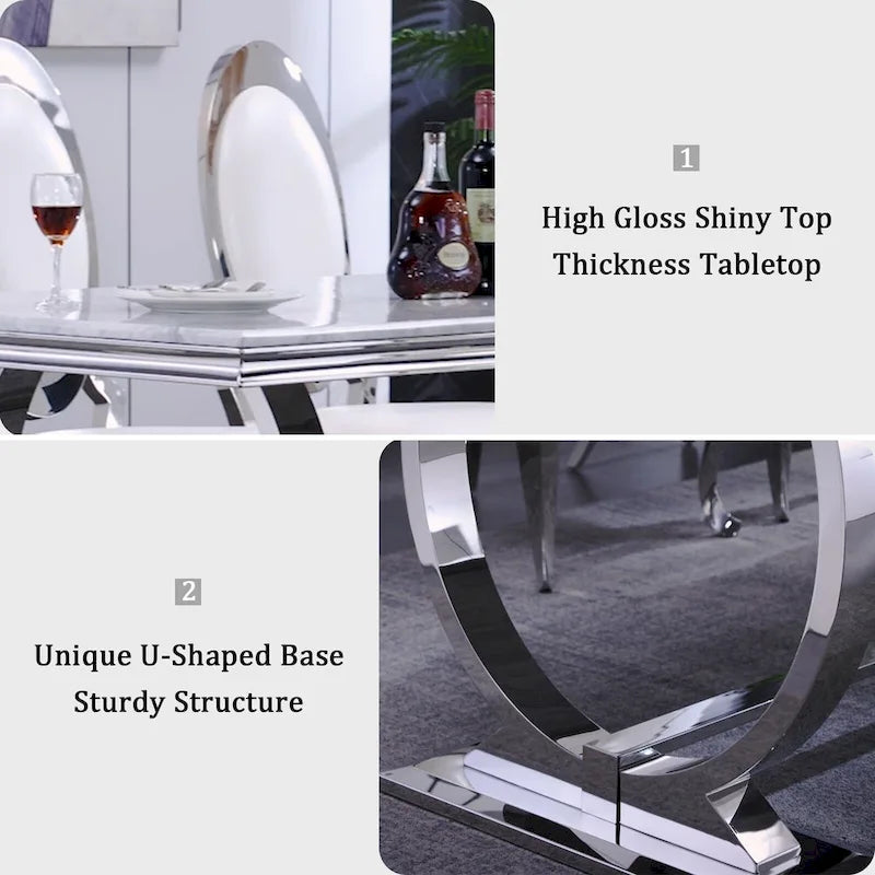 Table à manger de luxe avec piètement circulaire en métal poli - 72 pouces