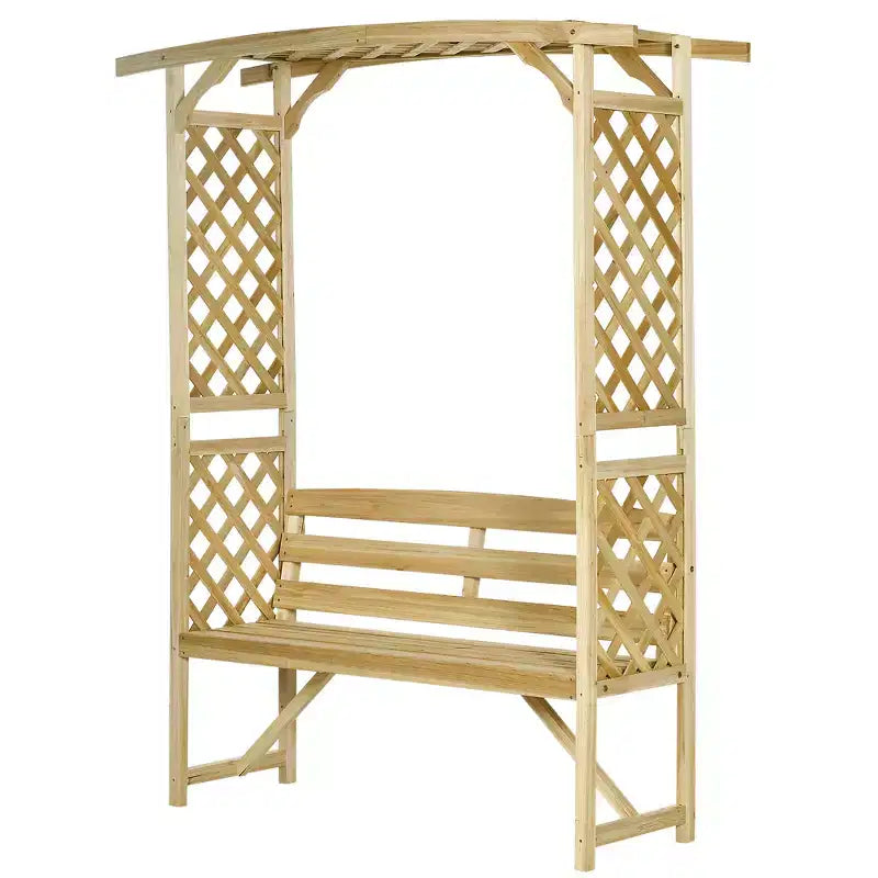 Banc de jardin Outsunny avec arche pergola et 2 treillis, banc extérieur 3 places en bois naturel pour vignes et plantes grimpantes