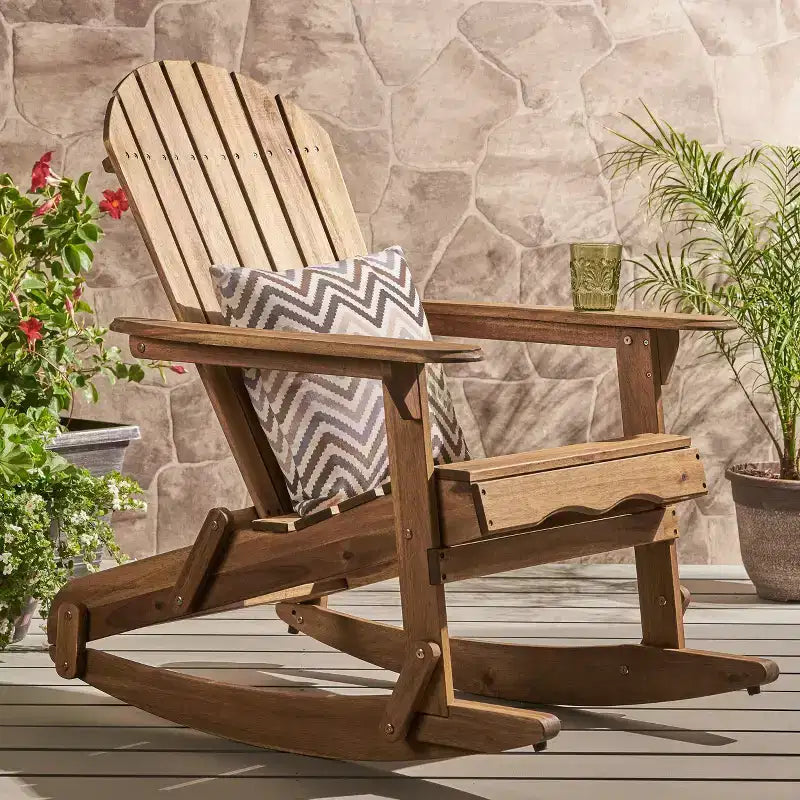 Okak Fauteuil à bascule rustique Adirondack en acacia de qualité supérieure, 1 pièce, chaise longue d'extérieur pour véranda, jardin et arrière-cour, naturel