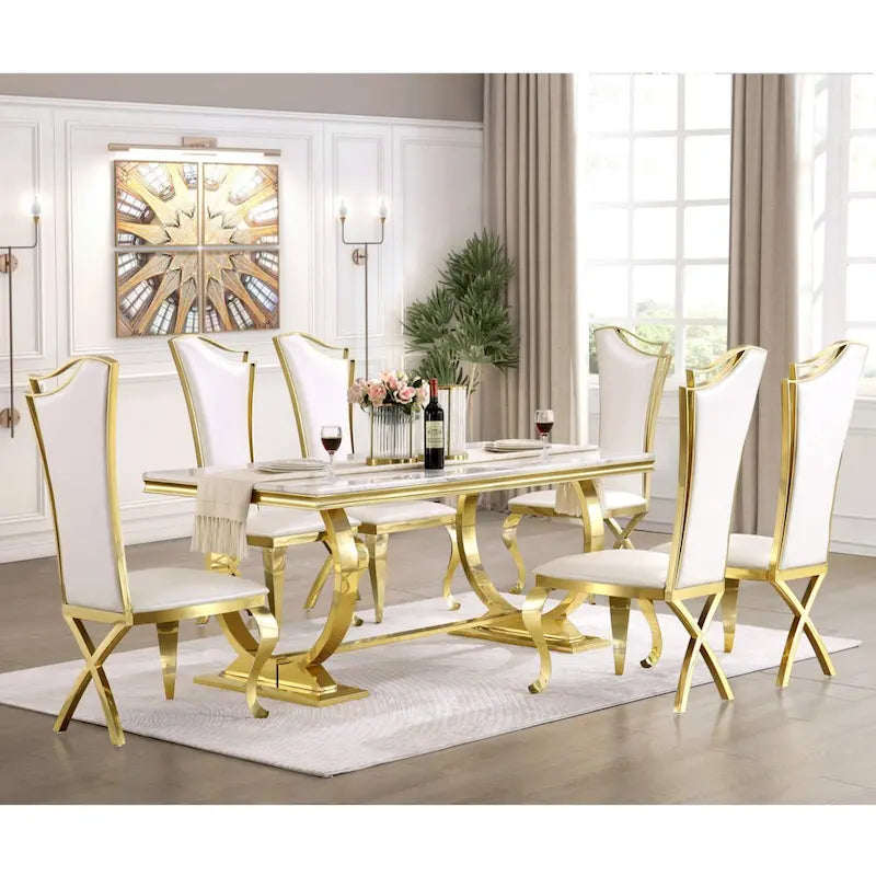 Table à manger de luxe avec piètement circulaire en métal poli - 72 pouces