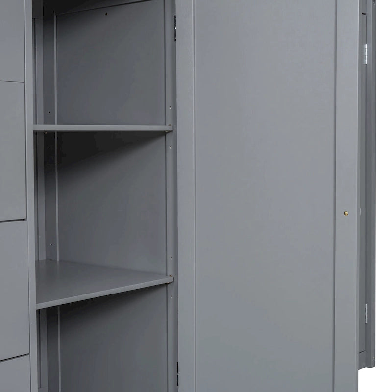 Lit mezzanine en bois gris, taille standard, avec penderies, tiroirs et escalier de rangement