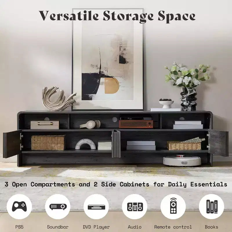 Meuble TV moderne AMERLIFE 70 avec design cannelé et armoires de rangement, pour téléviseurs jusqu'à 80 pouces, meuble TV en bois pour salon
