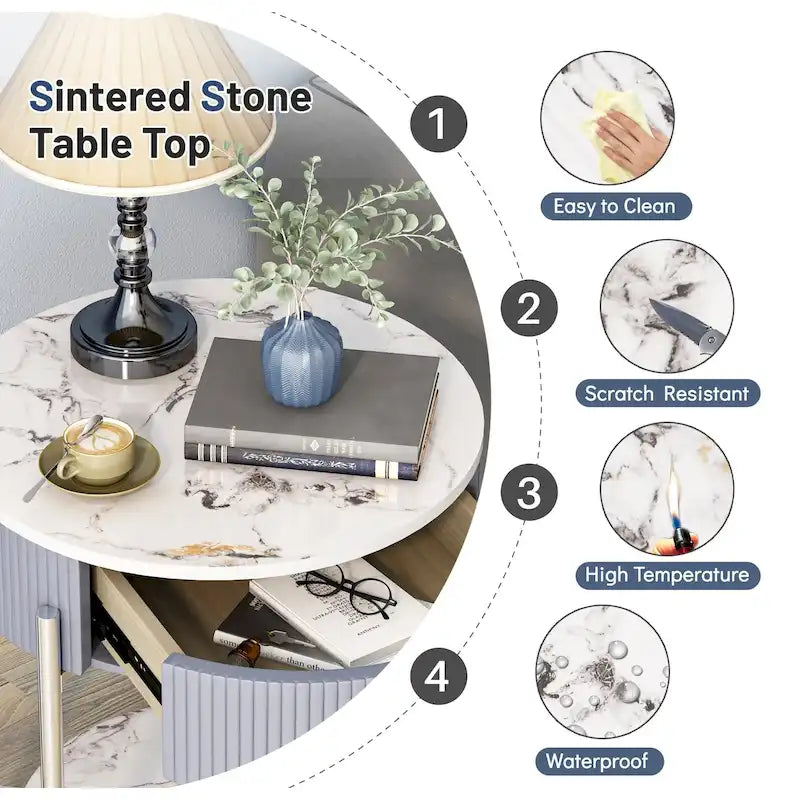 Myhozm Table d'appoint moderne avec tiroir de rangement, table de chevet ronde avec pieds en métal pour salon, chambre, bureau