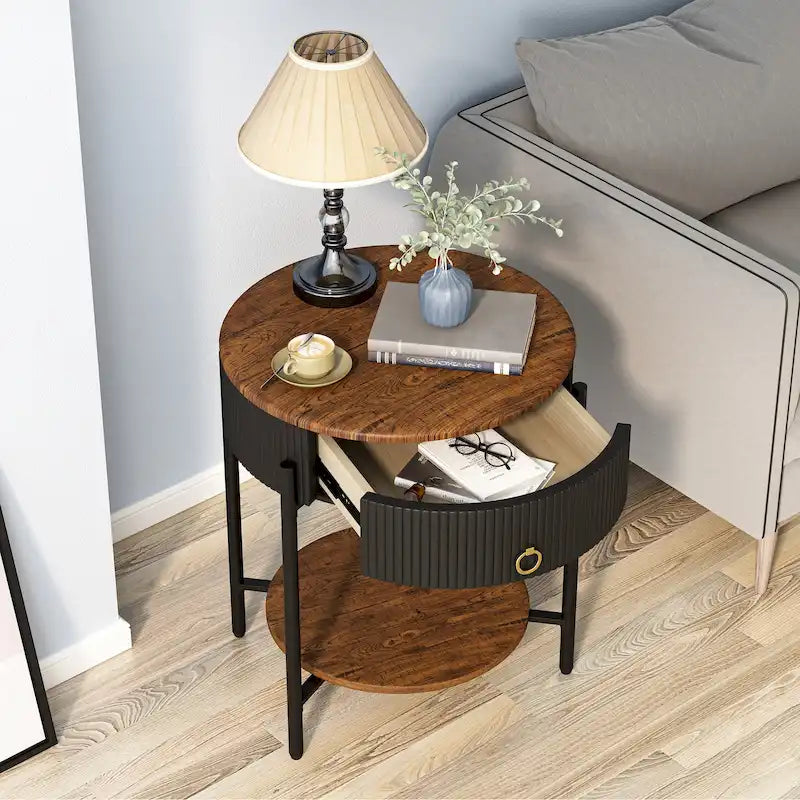Myhozm Table d'appoint moderne avec tiroir de rangement, table de chevet ronde avec pieds en métal pour salon, chambre, bureau