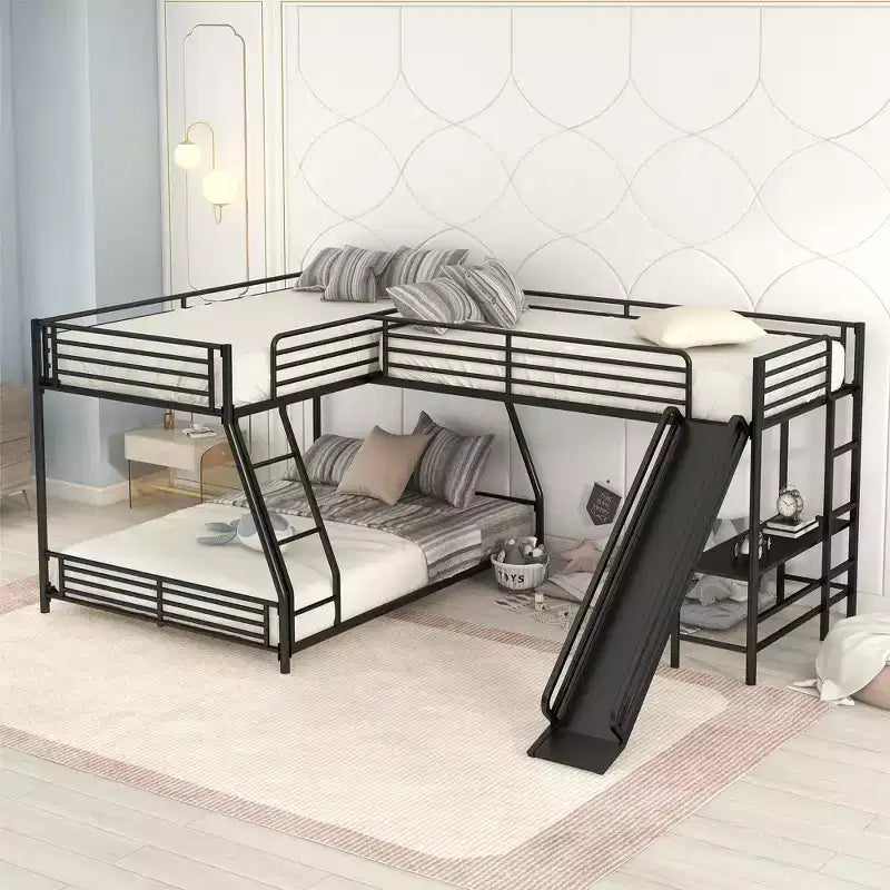 Lit superposé en métal (double au-dessus de grand), lit superposé en L pour 3 enfants, lit superposé triple robuste avec bureau et toboggan, noir