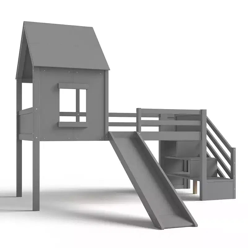 Lit mezzanine simple avec 3 tiroirs et escalier de rangement, structure cabane en bois avec toboggan et bureau amovible
