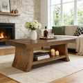 Table basse de ferme Lantine de 120 cm avec étagère de rangement, table centrale en bois massif de style Mid-Century moderne avec base incurvée pour salon, noyer