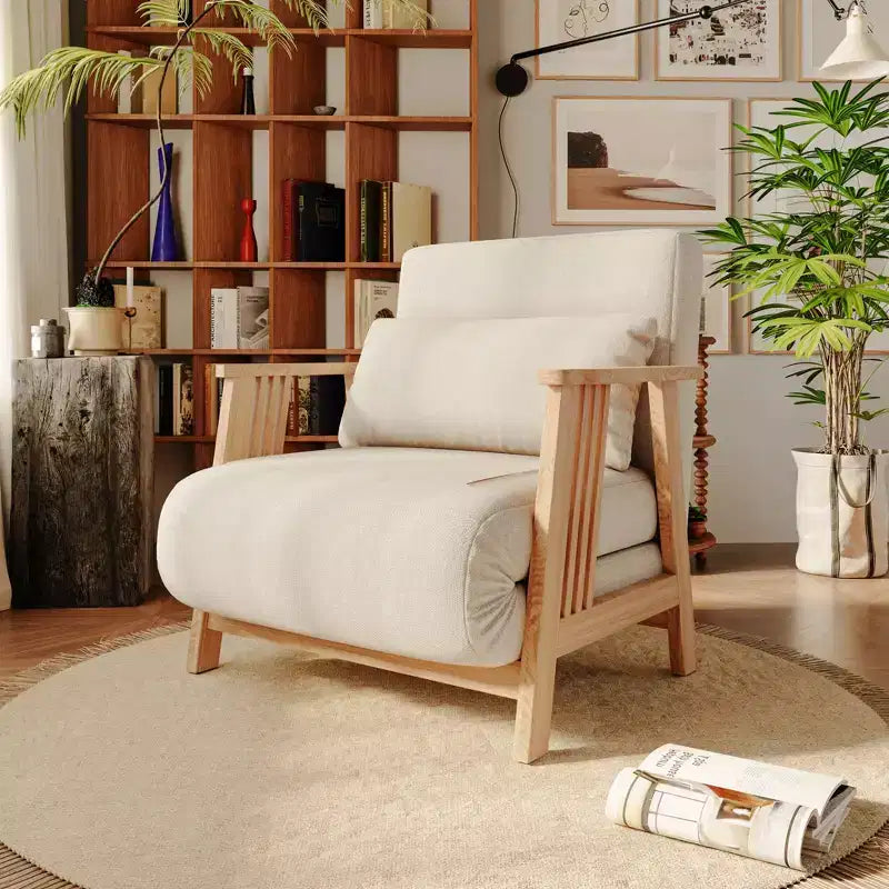 Fauteuil convertible en tissu ATJafurn, fauteuil futon d'appoint avec structure en bois massif, chaise longue lit pour chambre ou salon, beige