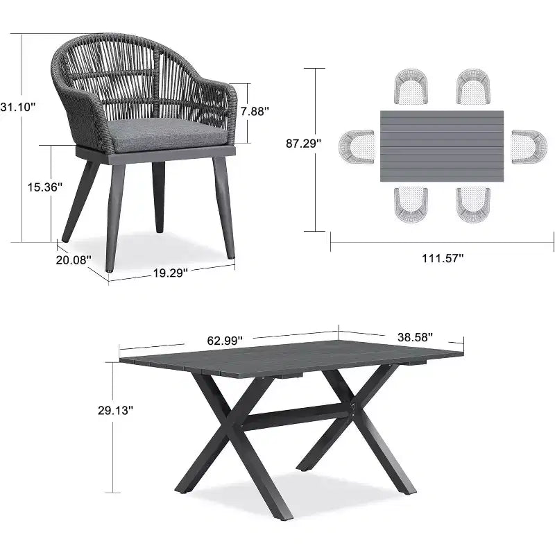 Ensemble de salle à manger d'extérieur PURPLE LEAF avec table à manger en aluminium et chaises en rotin tressé