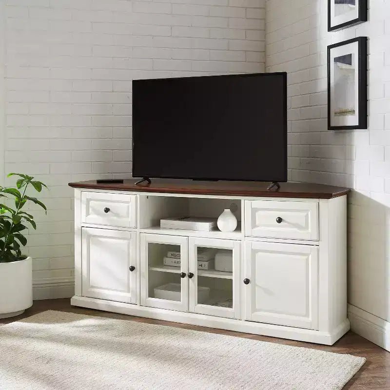 Meuble TV d'angle blanc pour téléviseurs jusqu'à 65 pouces, portes en verre biseauté, montage par une personne