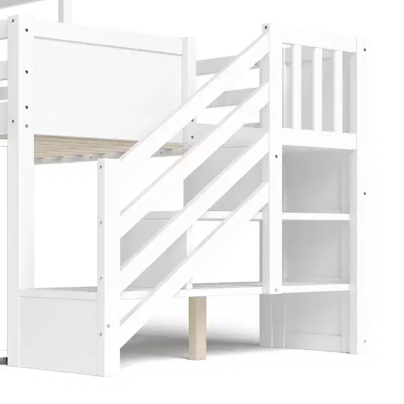 Lit mezzanine simple avec 3 tiroirs et escalier de rangement, structure cabane en bois avec toboggan et bureau amovible