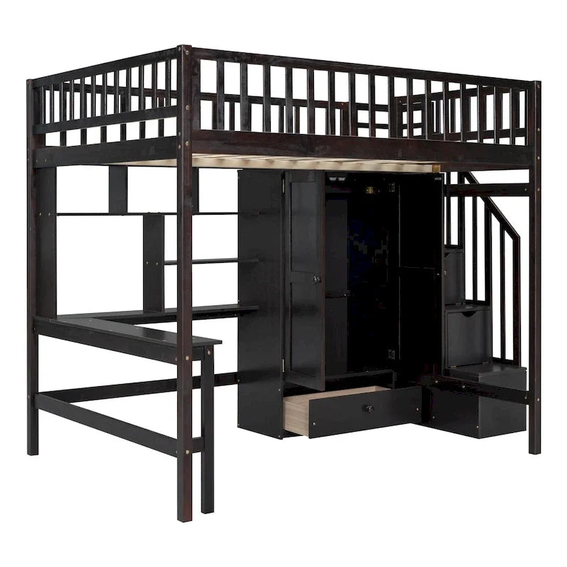 Lit mezzanine deux places en pin avec bureau et rangement