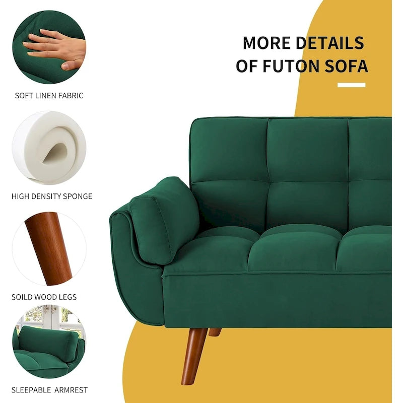 Canapé-lit futon de 75,39 pouces, canapé-lit pliant convertible inclinable pour salon avec 2 oreillers/accoudoirs