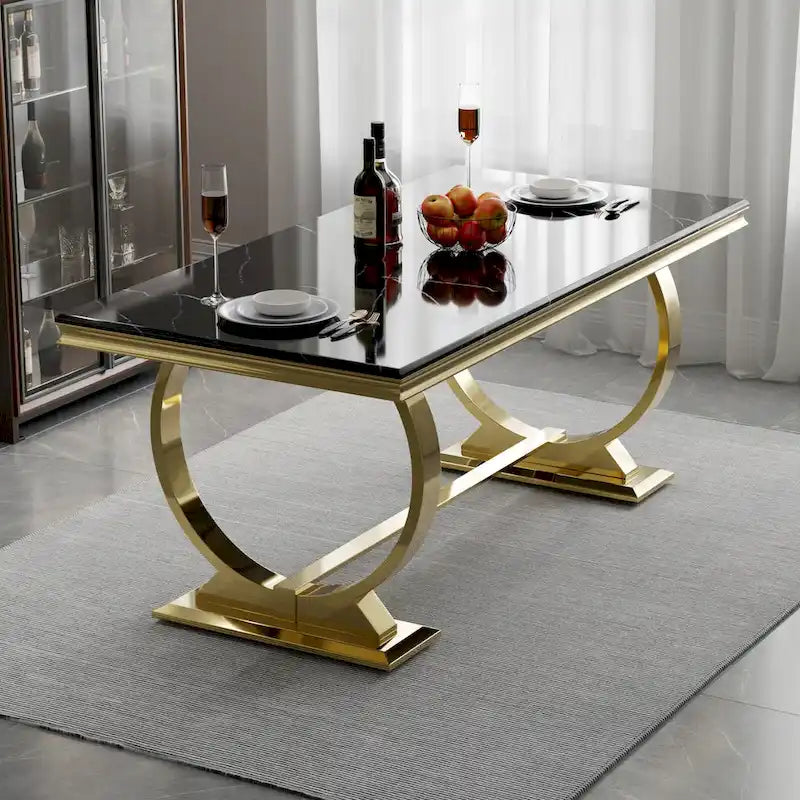Table à manger de luxe avec piètement circulaire en métal poli - 72 pouces
