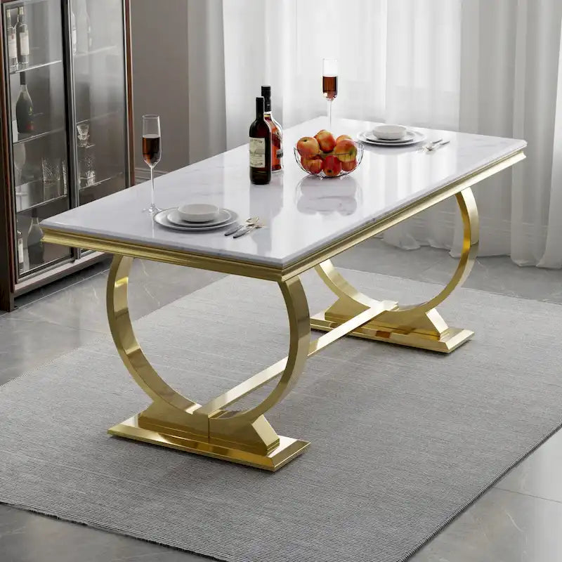 Table à manger de luxe avec piètement circulaire en métal poli - 72 pouces
