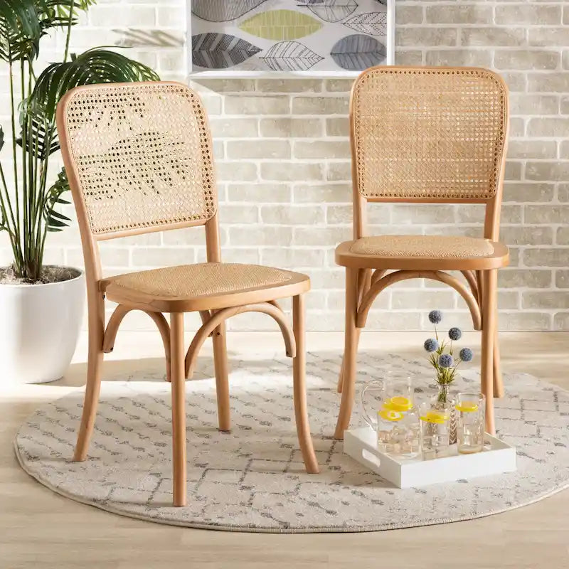 Ensemble de 2 chaises de salle à manger Neah en rotin tressé et bois, style Mid-Century Modern
